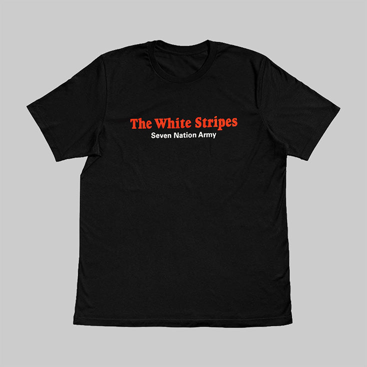 Black t-shirt with 'The White Stripes Seven Nation Army' text