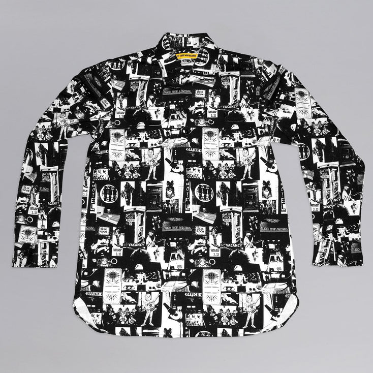 Tabloid Workshirt 
Tabloid Workshirt is a long sleeve button up collar shirt with black & white images of Third Man Records facility